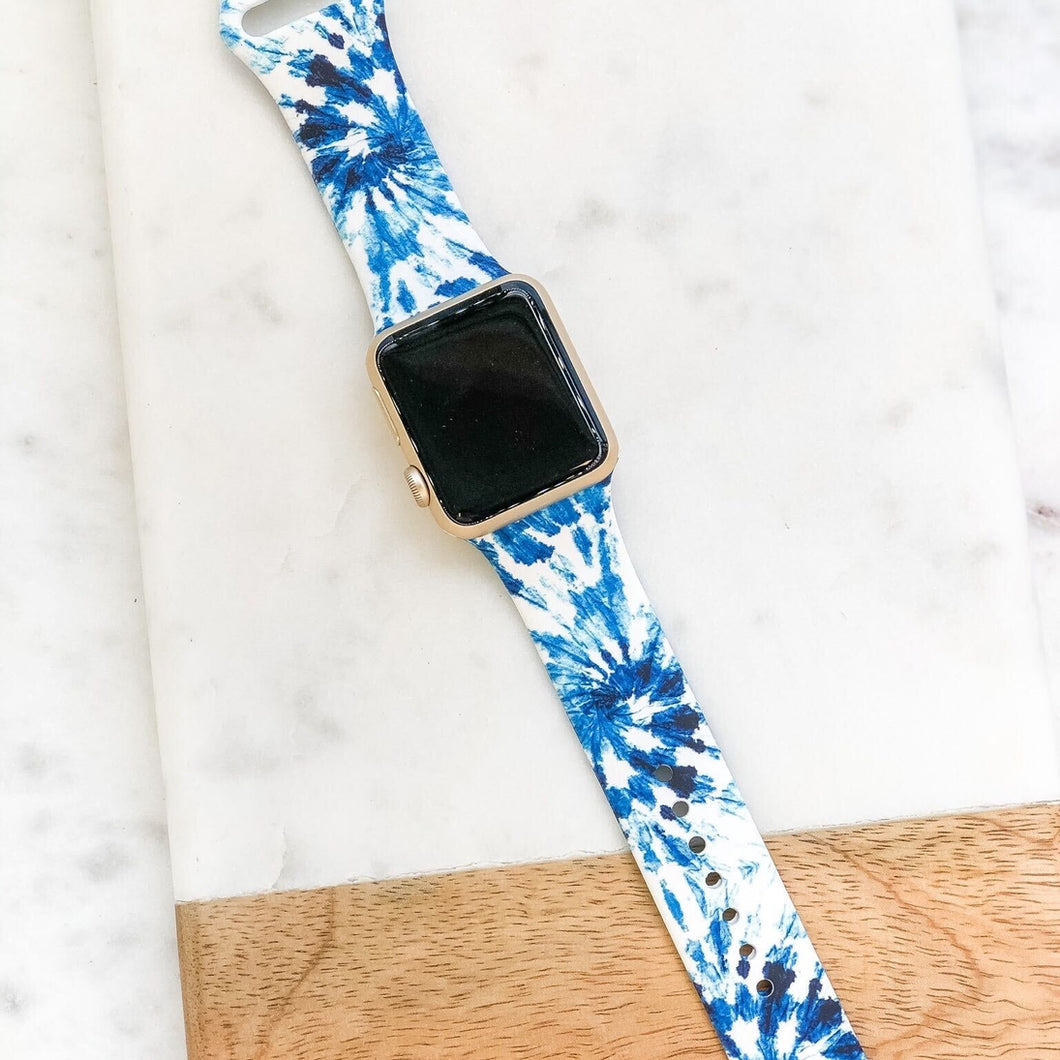 Tie Dye Printed Silicone Smart Watch Band - Blue/White