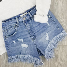 Load image into Gallery viewer, Denim High Rise Fringe Shorts
