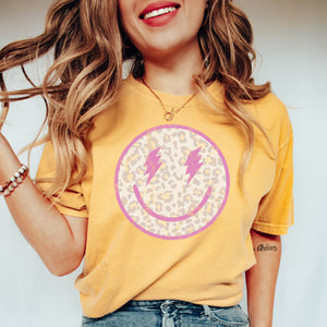 Pink Leopard Smiley Face • Mustard Shirt