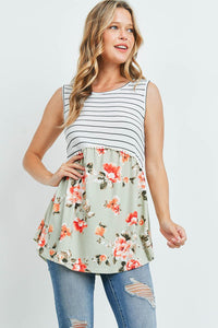 Frilly Floral Contrast Tank - Sage